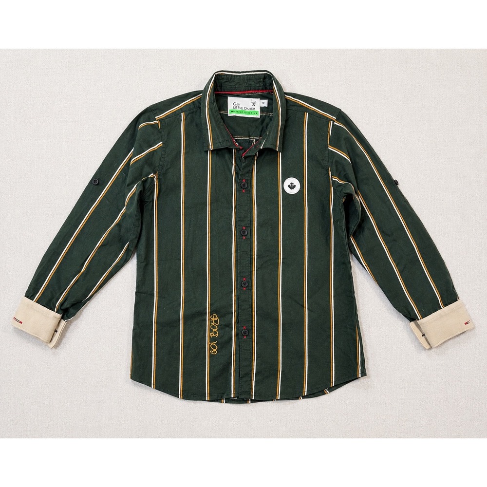 Goi Little Dude Boys Green Striped Roll Tab Sleeve Button Down Shirt Size 6